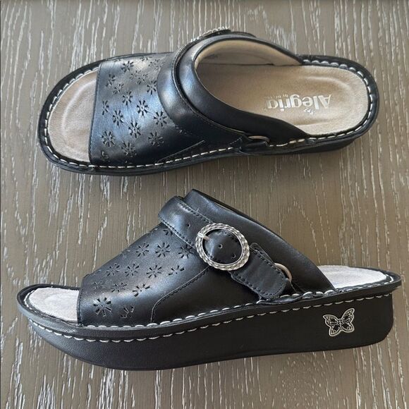 Alegria KLOVER Black Leather Slide Sandals or Slingback Lacer Cut Design Size 39 - Picture 1 of 12